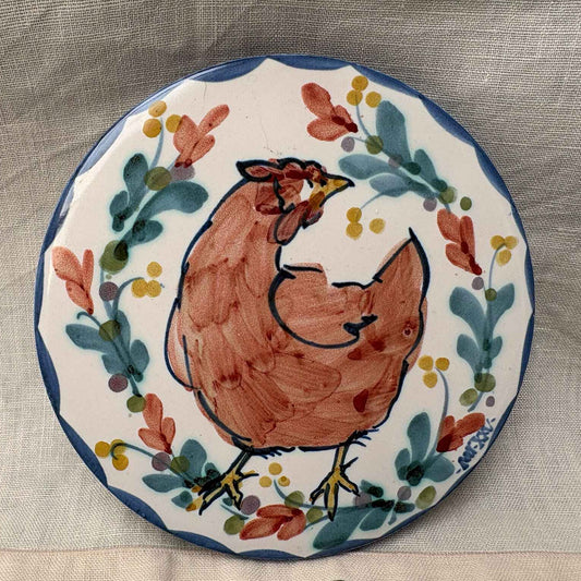 Handmade Ceramic 6" Mat - Mistletoe Hen in Coral Teal