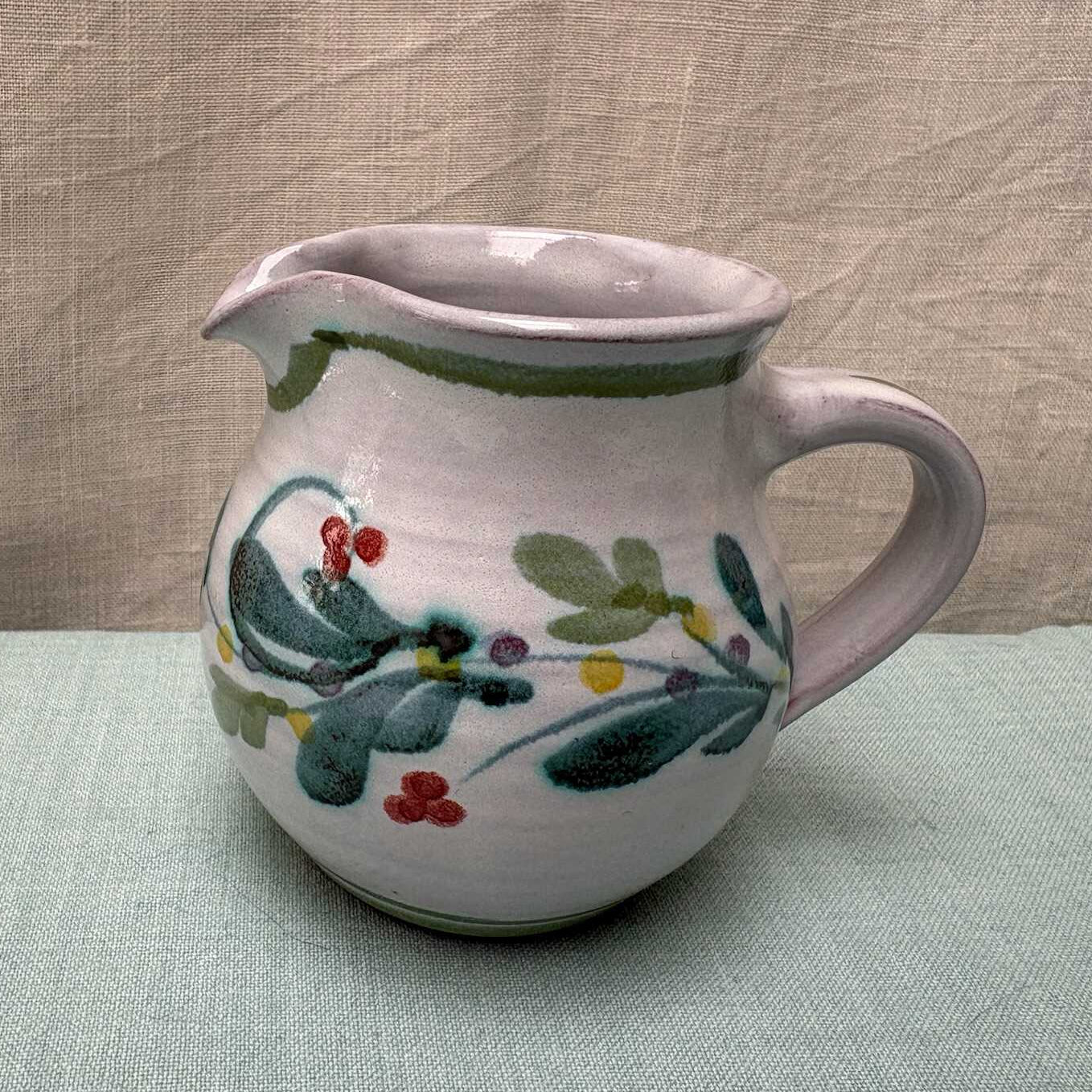 Handmade Ceramic Rounded Cream Jug - Mistletoe in Lime Teal