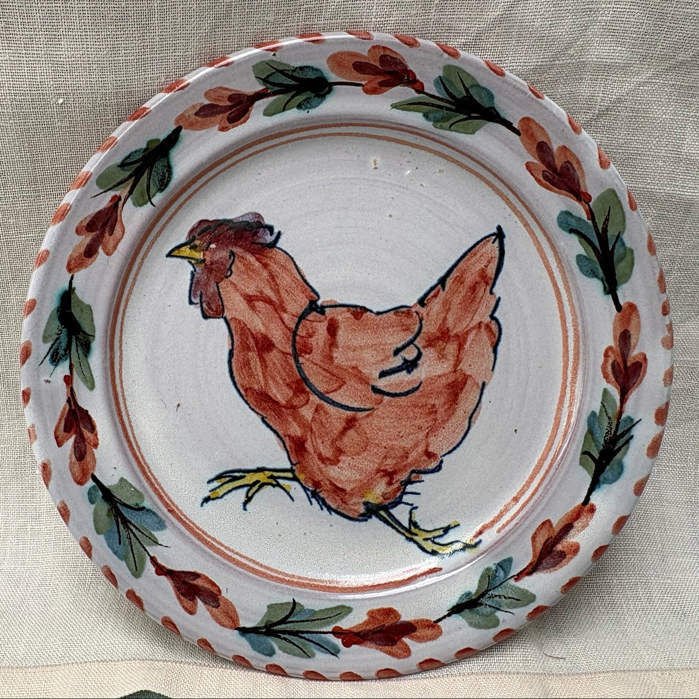 Handmade Ceramic Sideplate - Fuchsia Hen in Coral