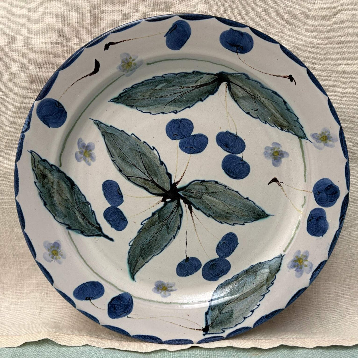 Handmade Ceramic Dinner Plate - Cherries in Blue Purple