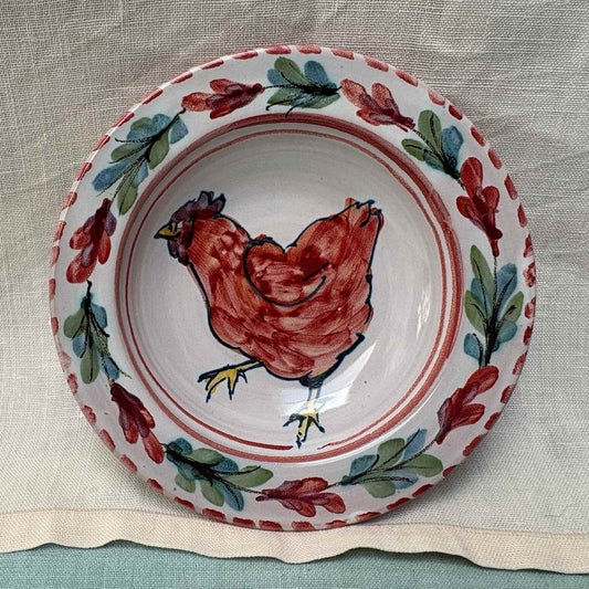 Small Handmade Ceramic Rimmed Bowl - Fuchsia Hen in Coral