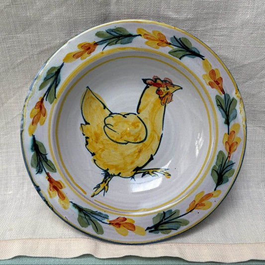 Small Handmade Ceramic Rimmed Bowl - Fuchsia Hen in Yellow