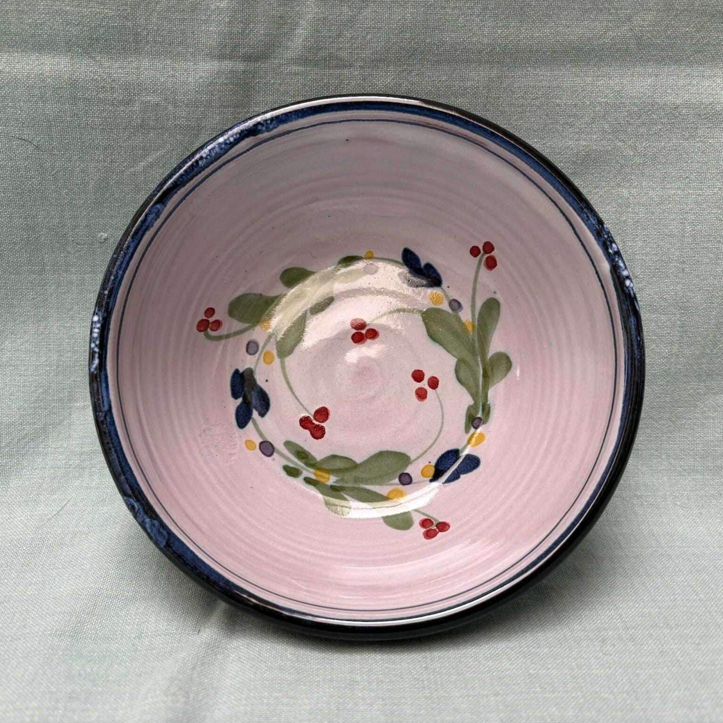 Handmade Ceramic Cereal Bowl - Mistletoe Blue Lime