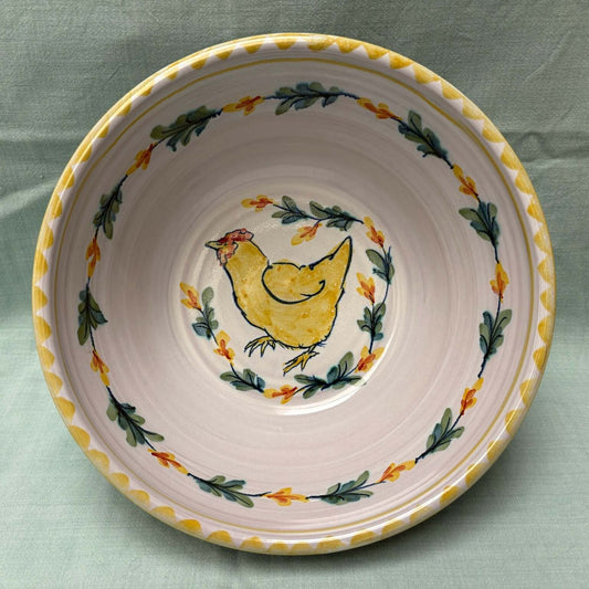 Large Handmade Ceramic Salad Bowl - Fuchsia Yellow + Yellow Hen
