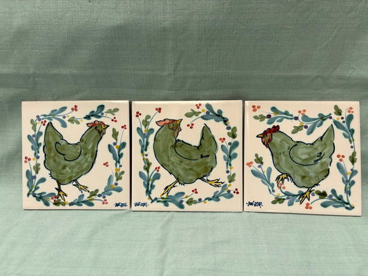 Handmade Ceramic Trio Of 6" Tiles - Mistletoe Lime Teal + Lime Hen