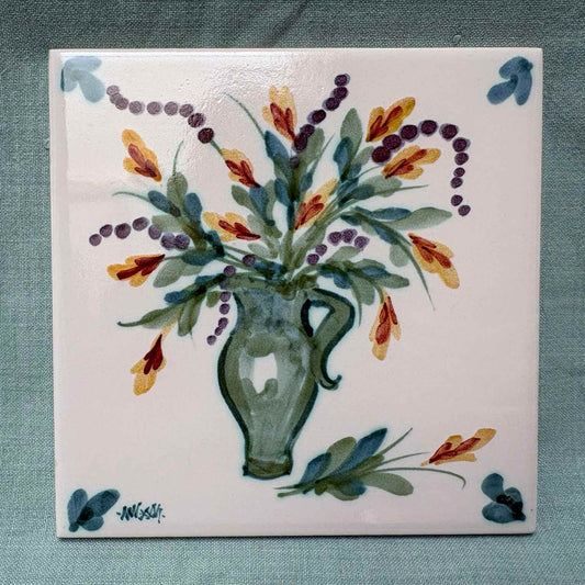 Handmade Ceramic 6" Tiles - Jug Of Flowers Teal