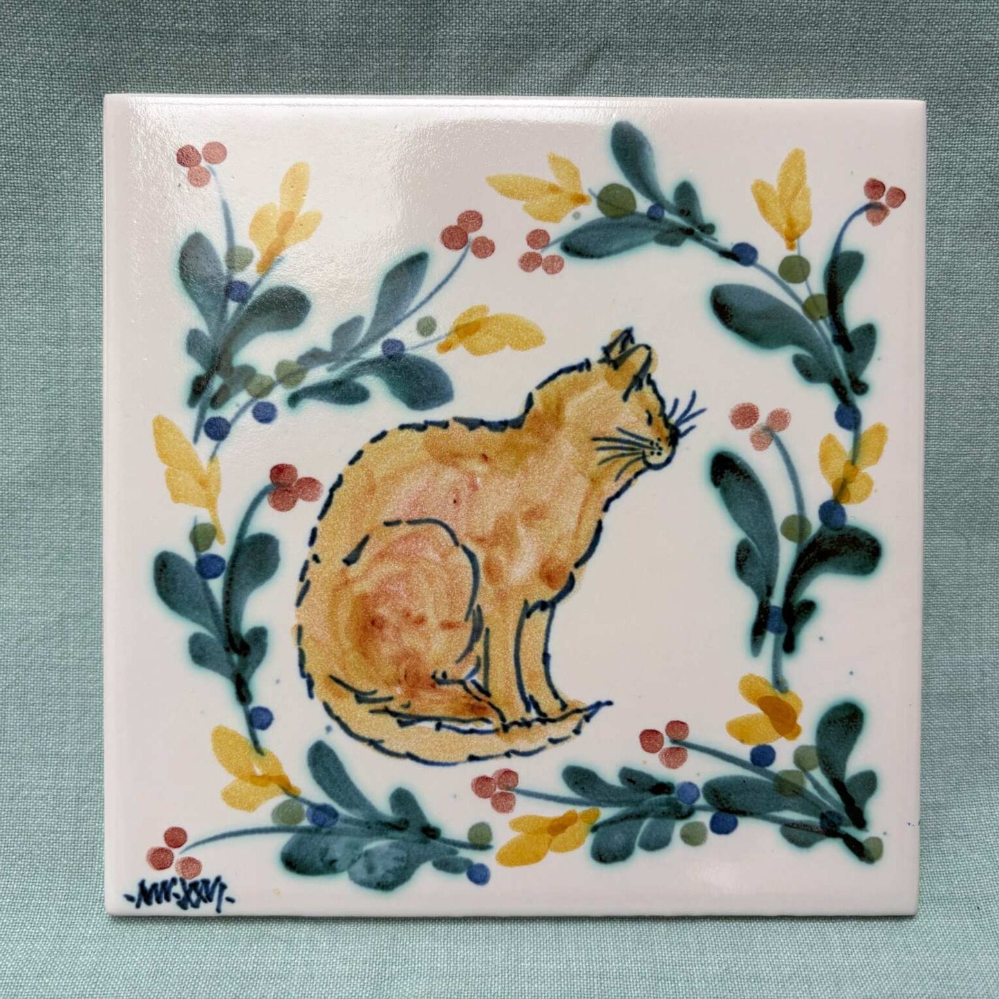 Handmade Ceramic 6" Tiles - Cat + Mistletoe Yellow Teal