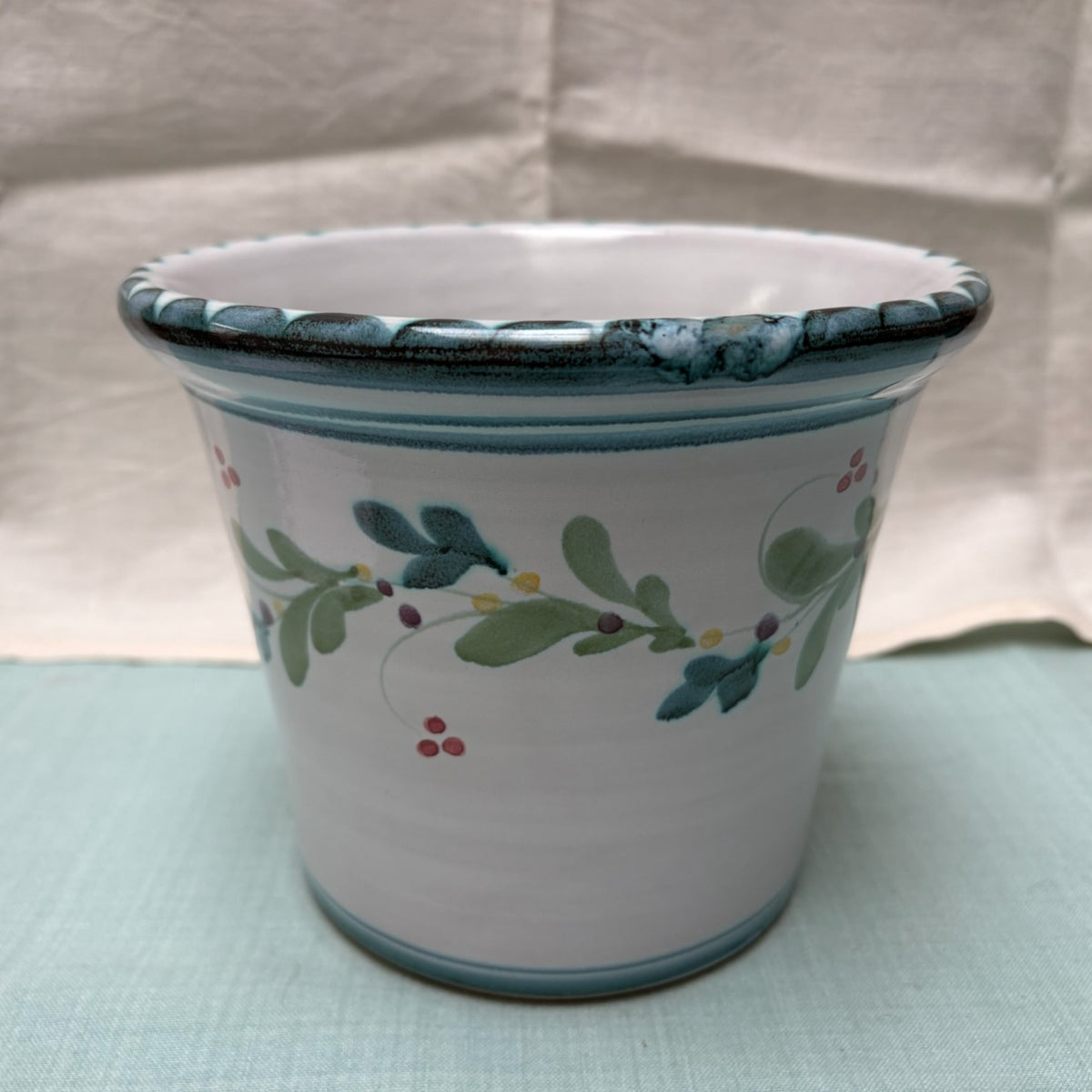 Medium Handmade Ceramic Plant Pot Cover - Mistletoe in Teal & Lime