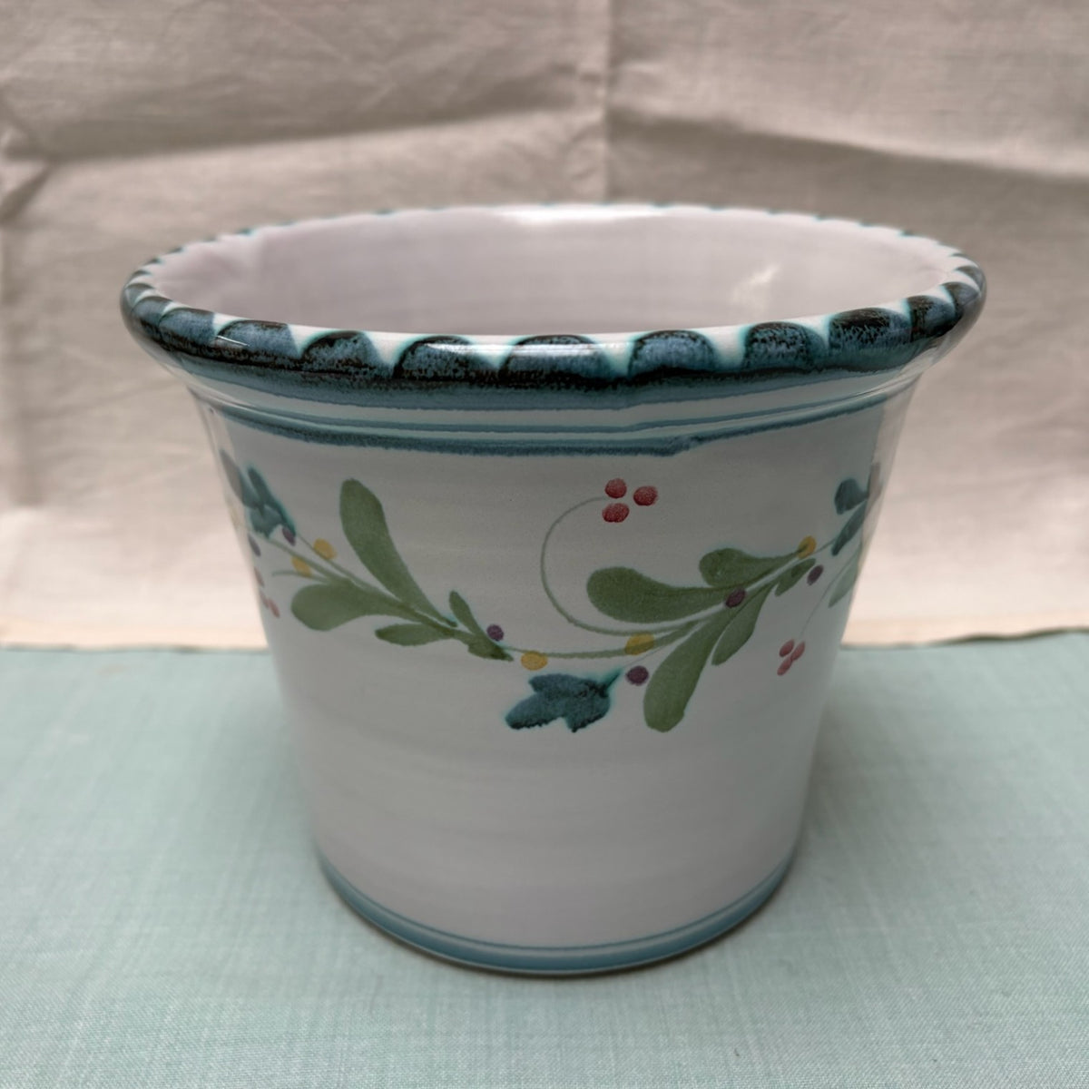 Medium Handmade Ceramic Plant Pot Cover - Mistletoe in Teal & Lime