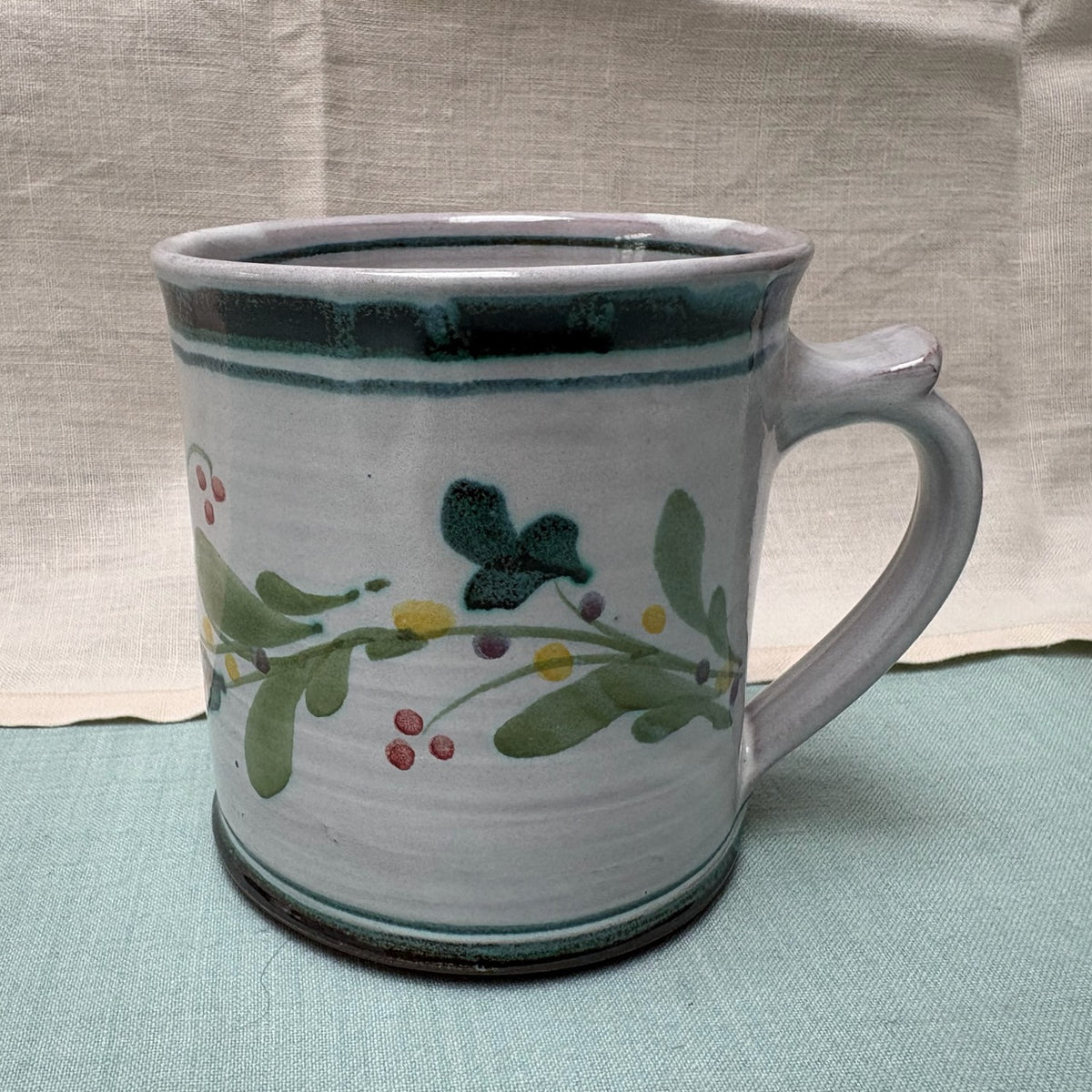 Large Handmade Ceramic Mug - Mistletoe in Teal & Lime