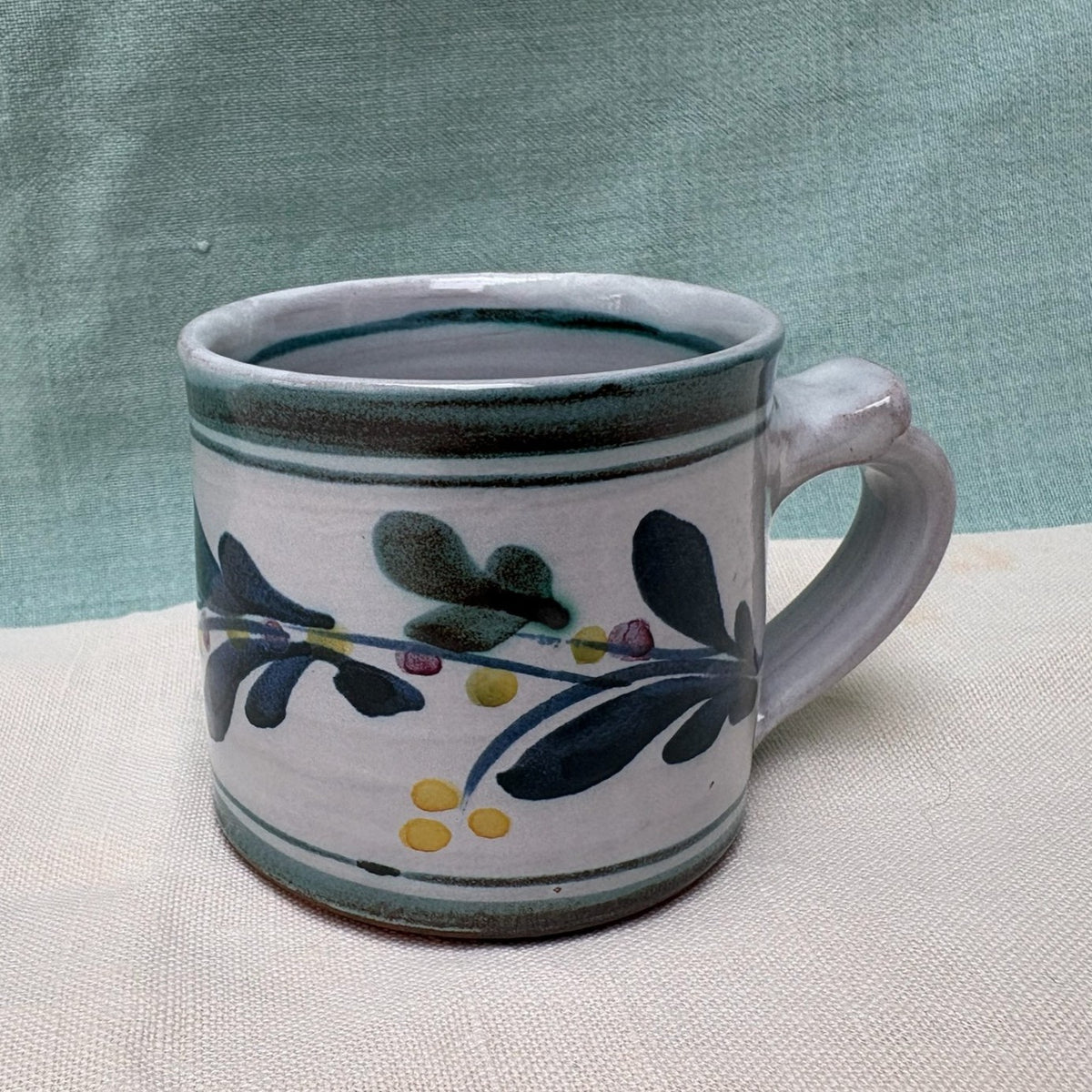 Small Handmade Ceramic Mug - Mistletoe in Teal Blue Yellow